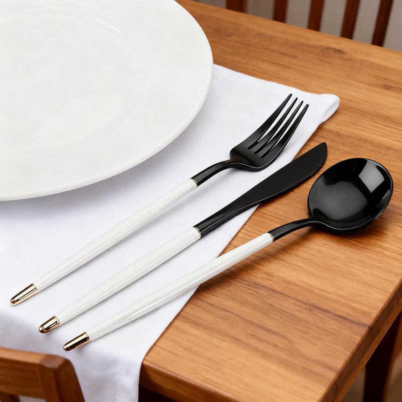 Ensemble de couverts 5 pièces noir et blanc mat, service de couverts en acier inoxydable pour 1 personne, couverts allant au lave-vaisselle pour la maison et le restaurant