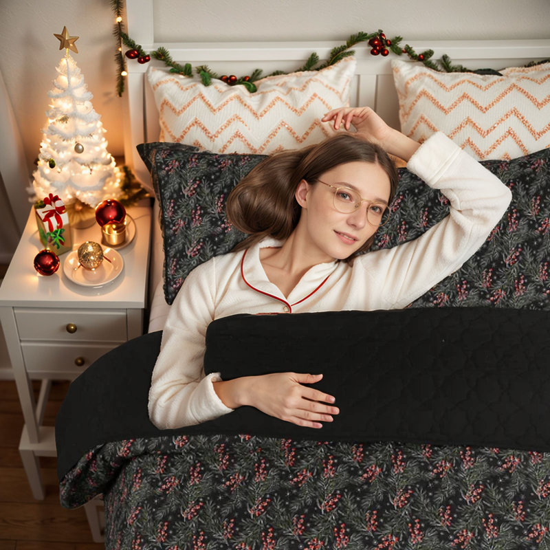 Black Reversible Queen Christmas Quilt Bedspread Set
