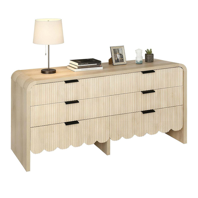Fluted 6 Drawers Dresser For Bedroom, 59" Wide Modern Chest Of Drawers With Metal Handles, Curved Edge Design, Dresser TV Stand, Modern Dressers With Wave Texture For Living Room, Hallway