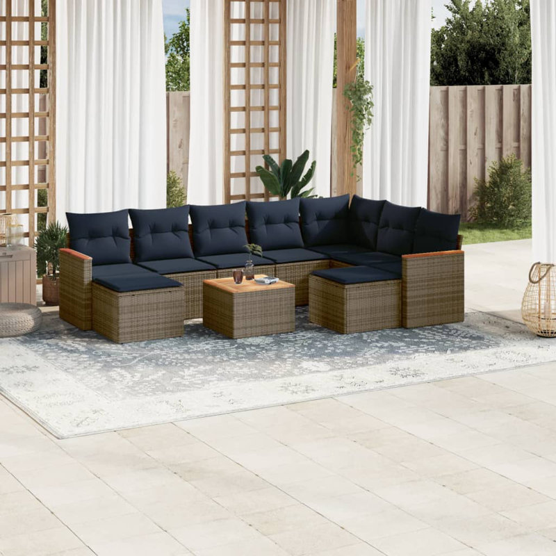 Ensemble de canapé de patio 10 pièces avec coussins en rotin de polyester, Gris, Marine
