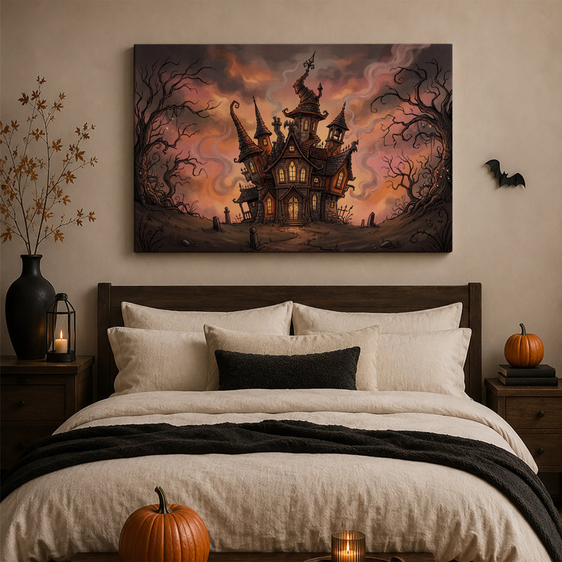 Manoir gothique hanté sous une toile murale rose et orange d'Halloween, H 28 po x l 40 po