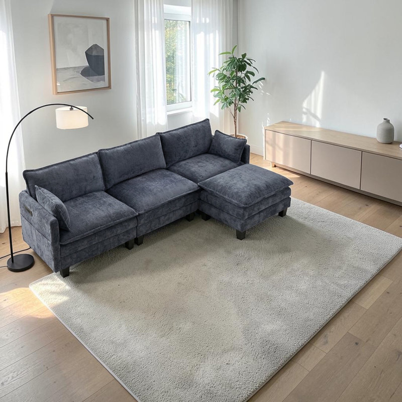 Canapé modulaire en L revêtu de L 108 po avec coussins en mousse compressée avec ports USB intégrés et poches latérales, système de support à double ressort Brooklington