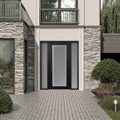 C1 Panel Silver Steel Black/White With 2 Sidelites Prehung Front Entry Door