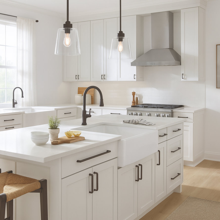 Bright white modern kitchen with an island featuring a farmhouse sink, dark hardware, and pendant lighting.