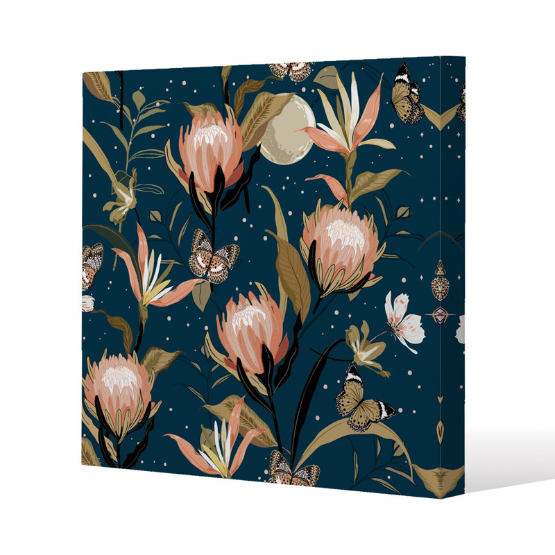 The Moon, Butterflies & Flowers Slim Style Canvas Print, 15mm Slim Real wood., 20 cm H x 20 cm W