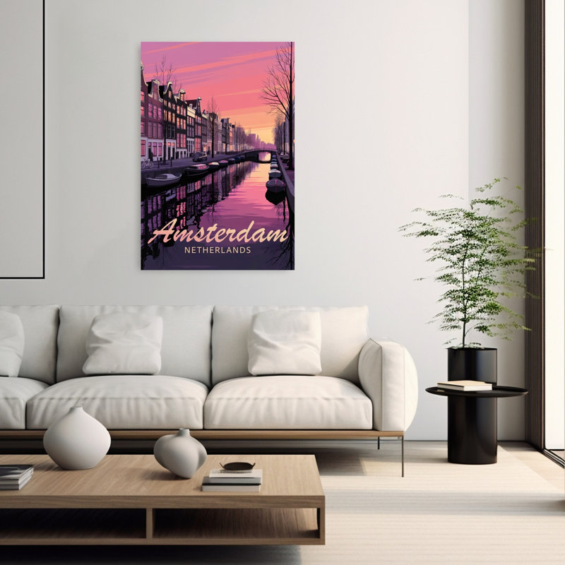 Amsterdam Sunset Canal Colorful Tranquil Vibrant Architecture City Wall Art Print 1 Piece Wrapped Canvas Wall Art