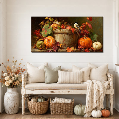 Art automnal sur toile citrouille sur toile Automne sur toile tendue à la main avec photos de style campagnard pour salon ou entrée, 16 po x 32 po