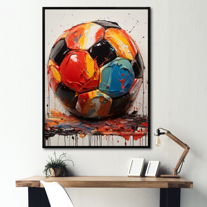 Ballon de soccer rouge et orange - art mural soccer, Cadre flottant noir, H 44 po x l 34 po x P 1,5 po