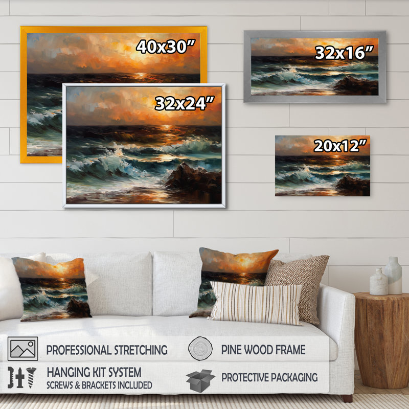 «Whispering Coastal Sunset I», reproduction sur toile, H 16 po x l 32 po x P 1 po, Cadre flottant doré