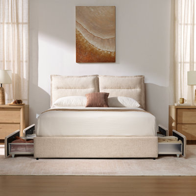 Upholstered Platform Bed Frame With 4 Storage Drawers, Adjustable Headboard With Dual Cushions