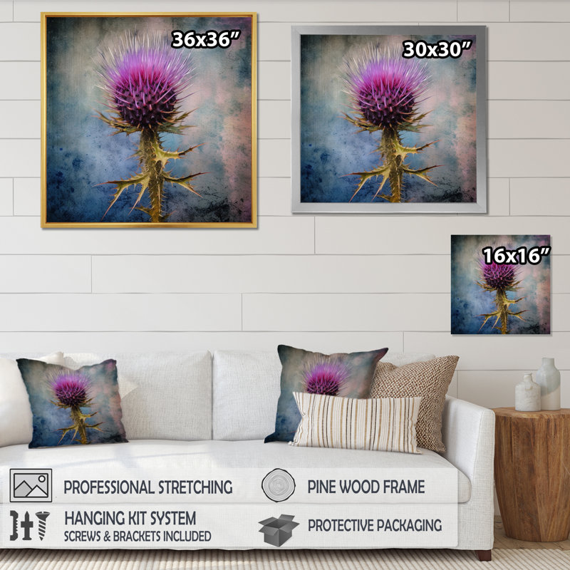 Mauve, vert, chardon, chuchotement, plante, IV, H 24 po x l 24 po x P 1 po, Cadre naturel flottant