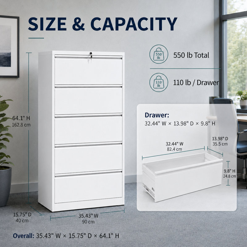 5 Drawer Lateral File Cabinet 36 Inch Wide, Heavy Duty Metal Filing Cabinet with Lock and Anti-Tip Kit, 64 Inch Tall Steel Office Storage Cabinet with 45kg Ball Bearing Drawer Slides, Holds Legal Letter A4 F4 Files, White