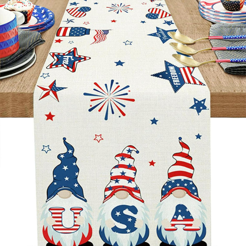 Patriotic Red White and Blue Polyester Table Runner with Gnomes, 47" x 13"