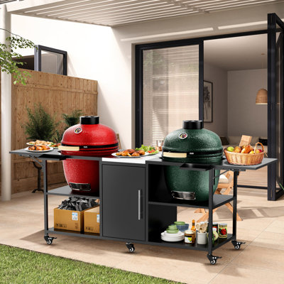 Chariot de gril d'extérieur compatible avec deux gros œufs, 18 pouces et modèles similaires - Table en métal noir argenté, 109,02 lb, 35,48 po de hauteur, 26,48 de largeur, 100,11 profondeur, 6 roues, 4 verrouillables, intégrée