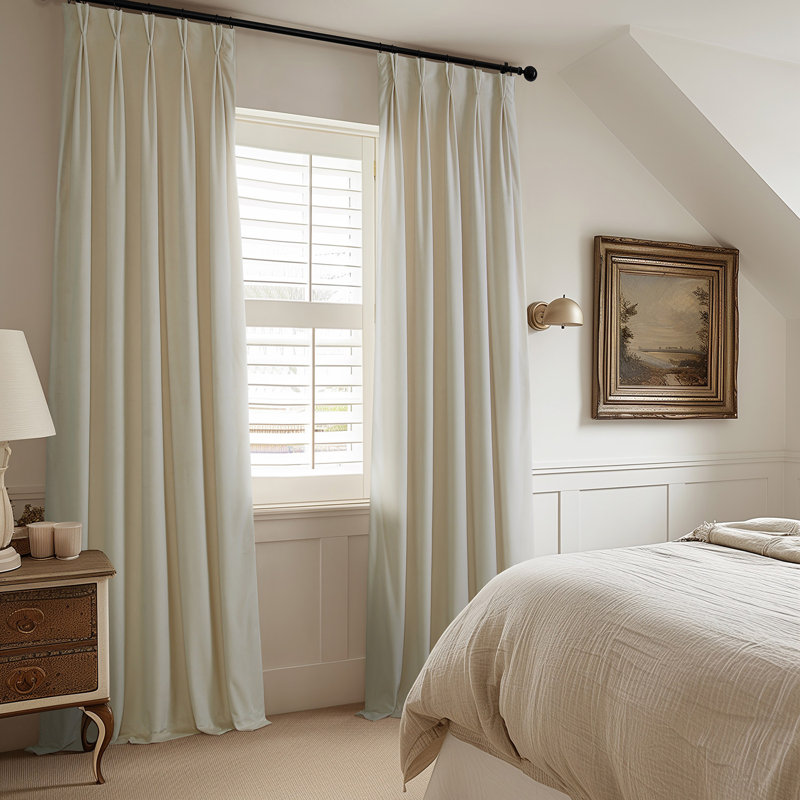 French Pleat Heritage Plush Velvet Room Darkening Single Curtain Panel, Au Lait Creme, 25" W x 108" L