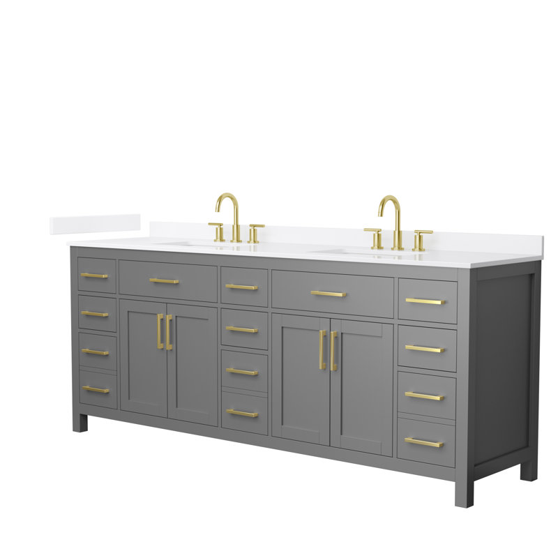 Beckett 84" Freestanding Double Bathroom Vanity with Quartz Top, Dark Gray, Brushed Gold, White Quartz