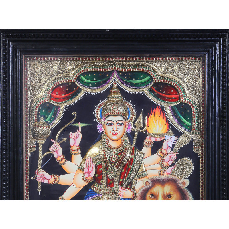 Déesse Durga avec lion | Couleurs traditionnelles avec or 24 carats | Structure en bois de teck