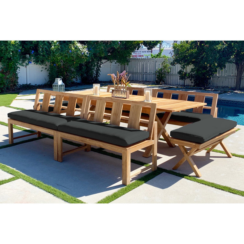 Burquez 10 - Person Teak Patio Dining Set with Extendable Rectangular Table , Sunbrella® Cushions Included, Granite