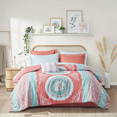 Queen Bedding With Sheets - Medallion Print In Coral, Embroidered Shams, Soft 12"W X 16"L Decorative Pillow
