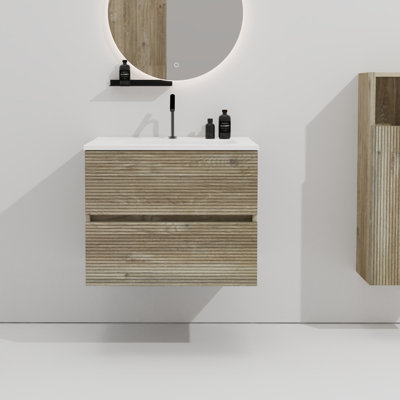 24" Wall Mounted Rough Oak&Rough Bathroom Vanity With Integrated Ceramic Sink With Overflow, Large Storage Floating Bathroom Vanity For Modern Bathroom, Pre-Assembled