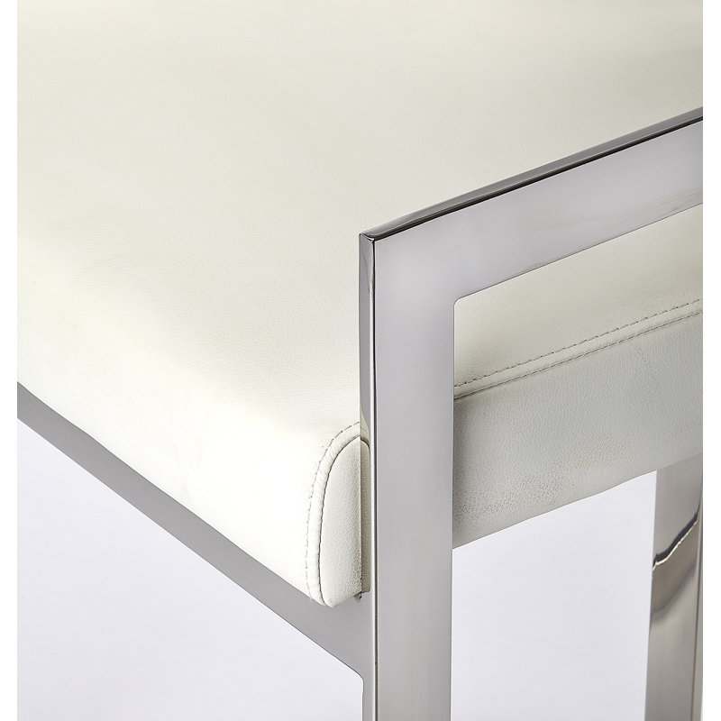 Butler Bravo Faux Leather Counter Stool, Counter Stool (24.5” Seat Height), White, Silver