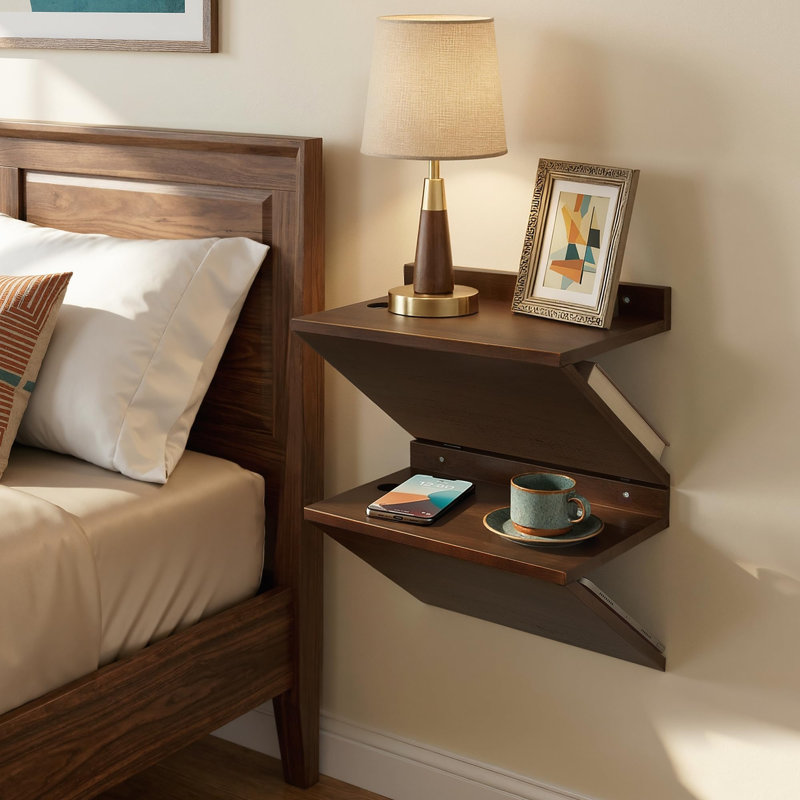 Walnut Floating Nightstands Set of 2, Z-Shape Wood Bedside Table with Hidden Storage, Mid-Century Modern Hanging Shelf for Bedroom Small Space