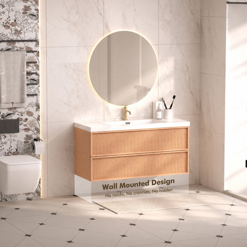 Meuble-lavabo suspendu Vitrasa 48 po à rayures noyer avec lavabo intégré, meuble de salle de bain moderne fixé au mur avec 2 tiroirs à fermeture amortie, préassemblé avec lavabo en céramique intégré – Bois naturel
