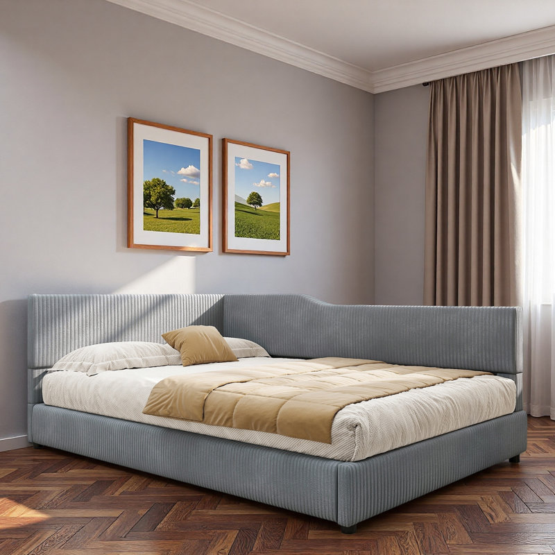 L-shaped Corduroy Daybed With Solid Frame And Striped Decoration, Gray