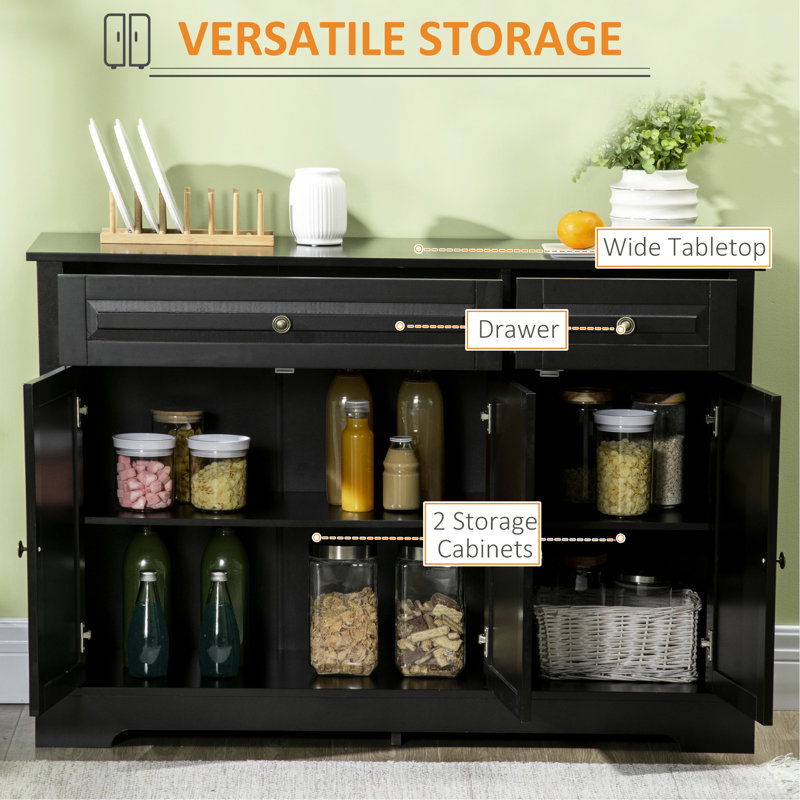 Sideboard With 2 Drawers And Adjustable Shelves, Black For Multipurpose Storage In Home Kitchen Buffet Cabinet, Modern & Shelves. Black, Cabinet. Build. 44.32"W X 15.5"D 32"H