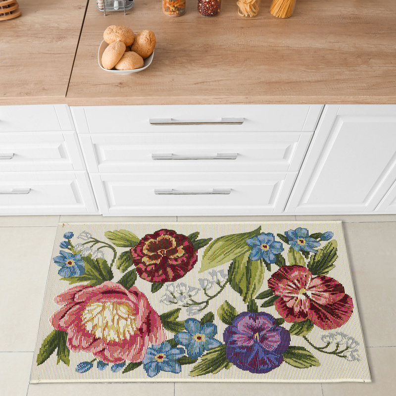 Andreane Floral Synthetic Non-Skid Kitchen Mat, Cream, Rectangle 2'5" x 3'11"