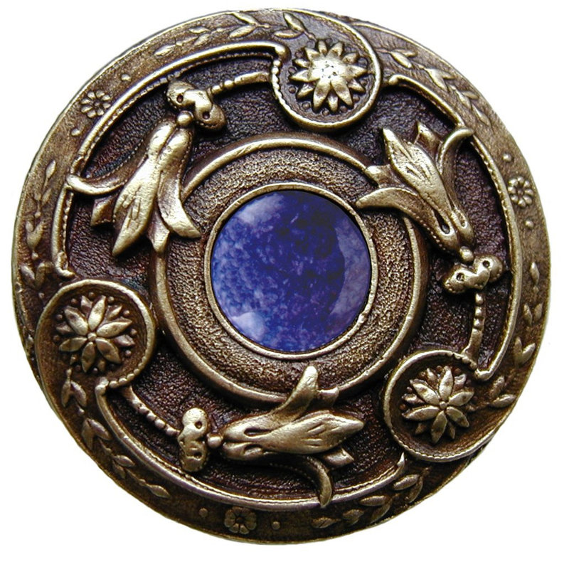 Jewel Mushroom Knob, Antique Brass Blue Sodalite Natural Stone