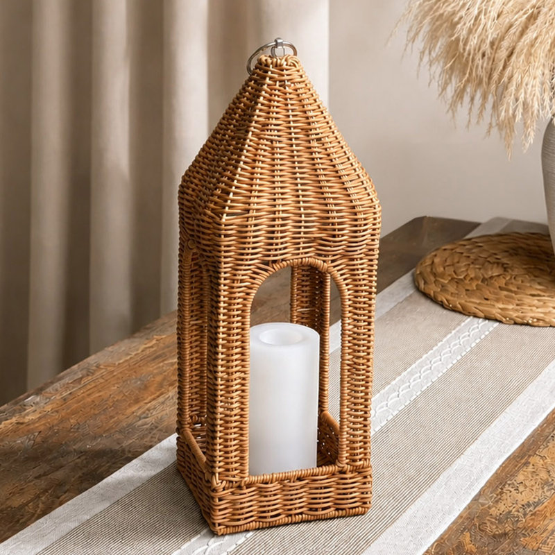 H17 Inch Natural Rattan Solar Lantern With Led Flameless Candle Handwoven Wicker Decorative Lantern For Tabletop Patio Porch Farmhouse Indoor Outdoor Decor