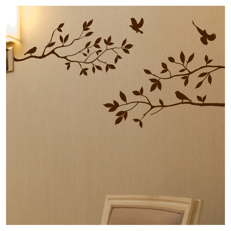 Adhésif mural branches d'arbre avec oiseaux, Brun mat