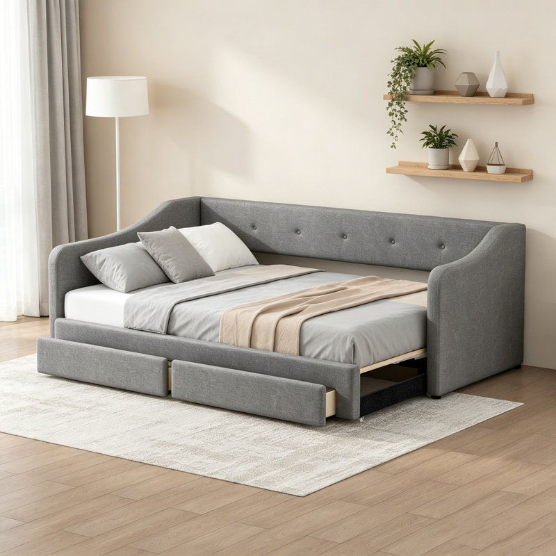 Lit de jour rembourré extensible simple TG avec très grand lit avec 2 tiroirs de rangement, gris, Grey