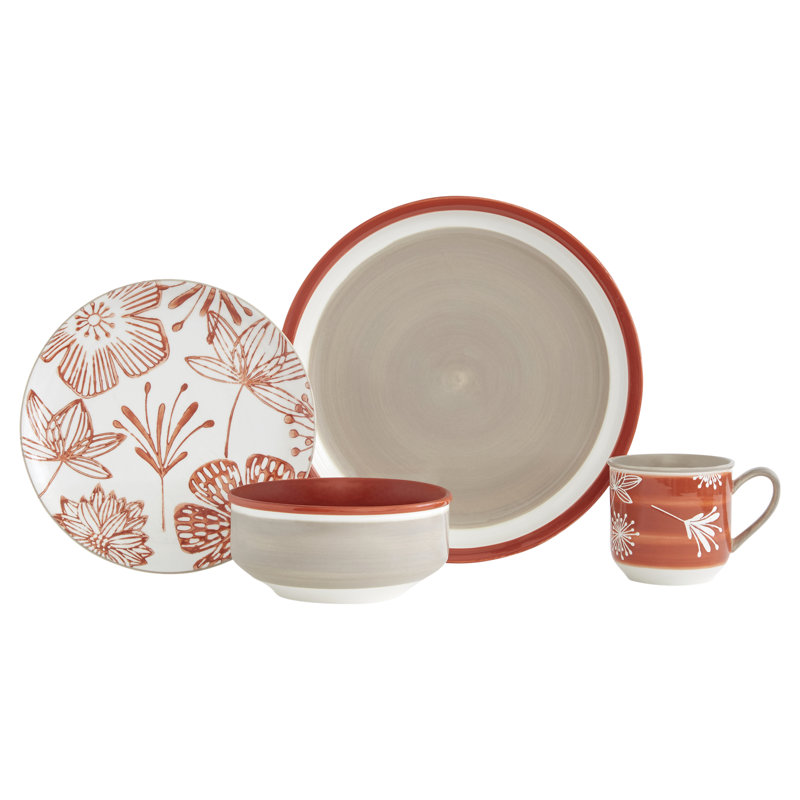 Red Floral Ceramic Dinnerware Set, Service for 4