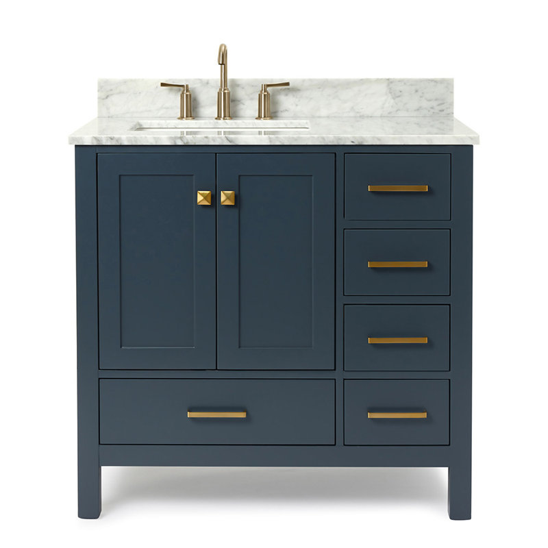 Ensemble de meuble-lavabo simple 37 po Flynt, Bleu minuit / laiton satiné, Forme rectangulaire, Gauche