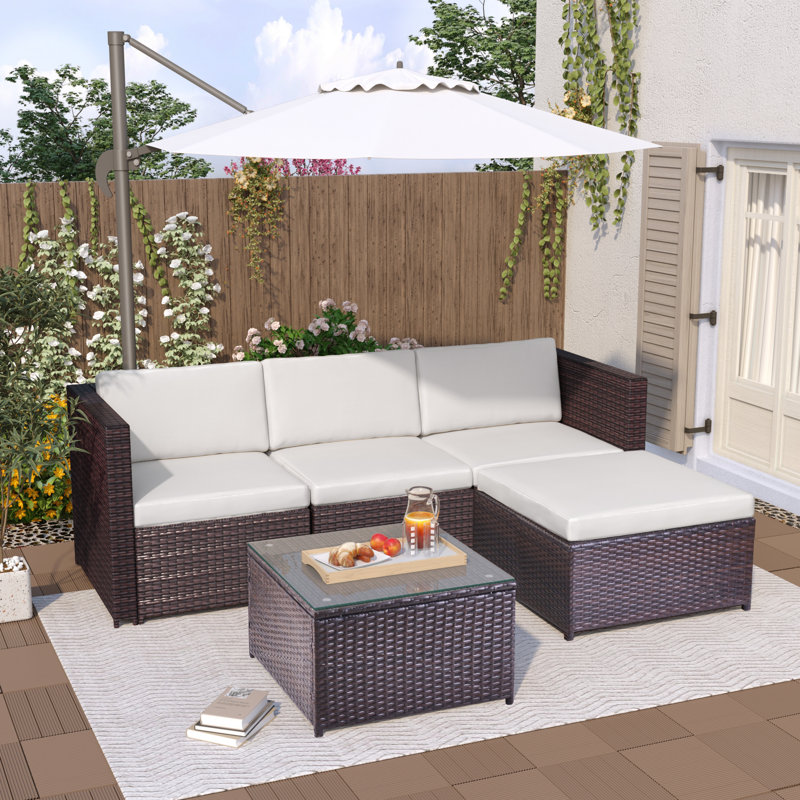 Rattan Garden Sofa Set With Glass Top Coffee Table, Gray, Dark Grey