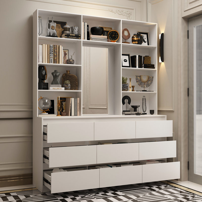 Elegant Accent Cabinet With Integrated Mirror, Large Storage Drawers, And Open Shelving For Display