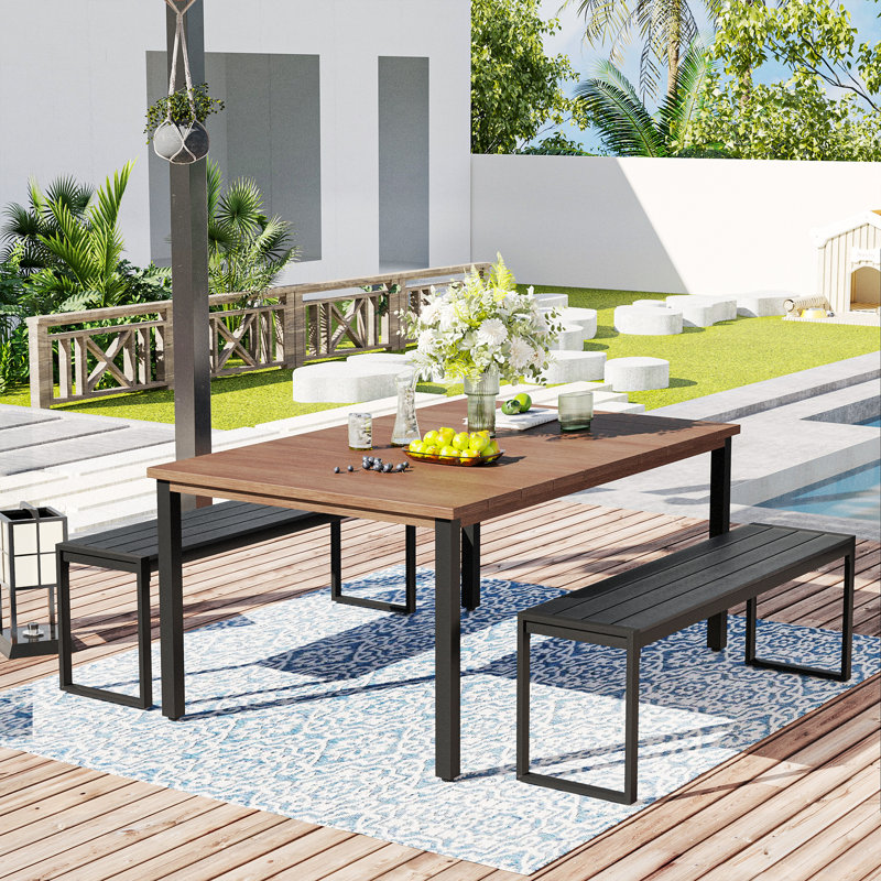 3 Pieces Outdoor Dining Set With Metal Frame, Walnut/Black