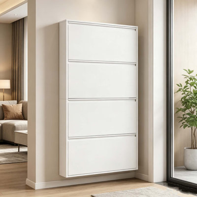 Metal Shoe Cabinet with 4 Flip Drawers, Wall Mounted Shoe Organizer, Narrow Slim Hidden Shoe Rack Storage for Entryway, WHITE