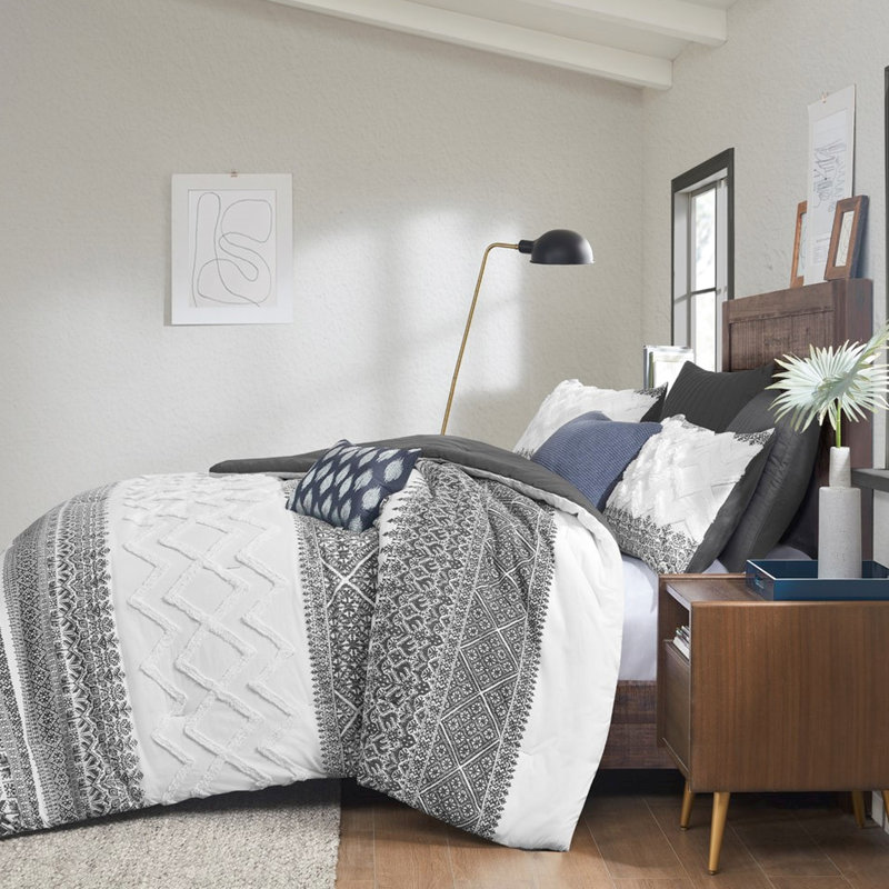 Cotton Comforter With Chenille Tufting - Gray Full/queen 2 Shams Botanical Pattern Modern 3 Piece Reversible To Print Elegant