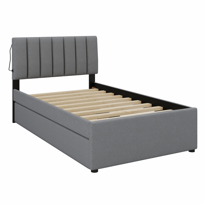 Lit plateforme tapissier avec lit gigogne, Gris
