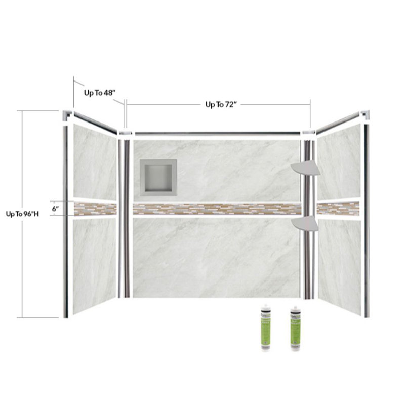 Bella CORE Arctic Mist 3-Wall Tub and Shower Surround with Katrina Design Strip up to 48Dx96Wx48Dx96H, Gray