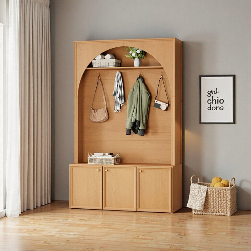 Arbre d'entrée en noyer Farmhouse avec banc, 3 armoires et crochets dorés - solution de rangement tout-en-un pour le hall d'entrée