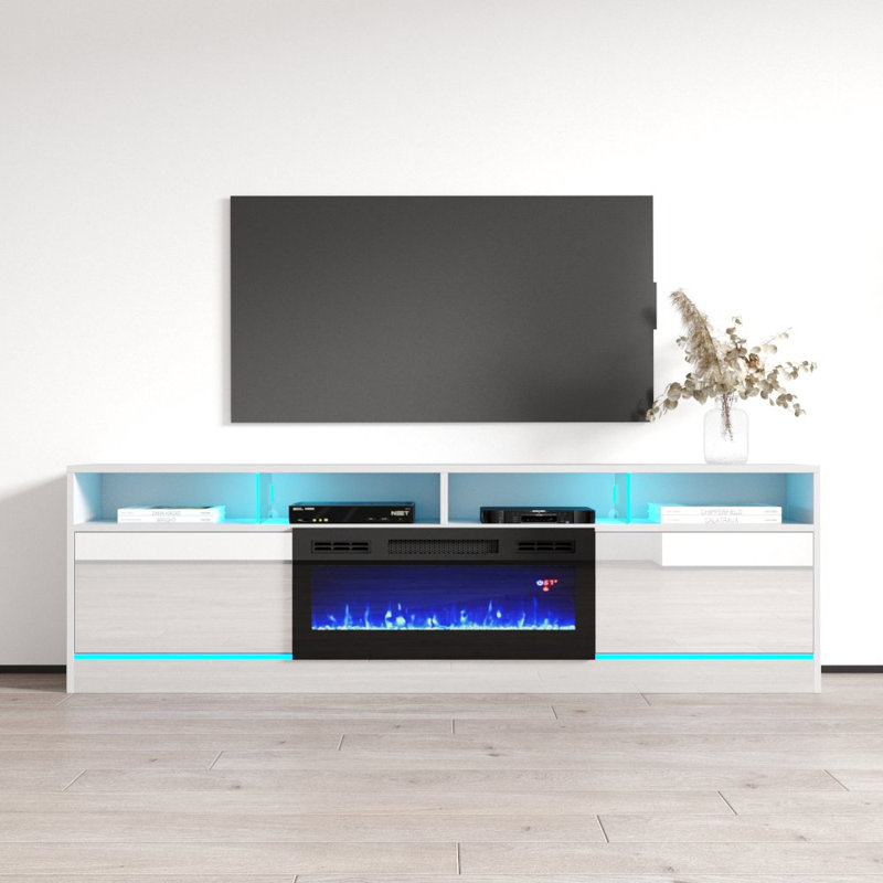 Alexin 78.7" Modern TV Stand with Electric Fireplace, High Gloss Finish, Media Storage, White/Black
