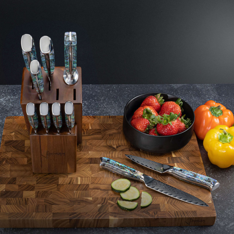 Senken Knives 11-Piece Damascus Knife Block Set with Abalone Shell Handle - 67-Layer Japanese Steel