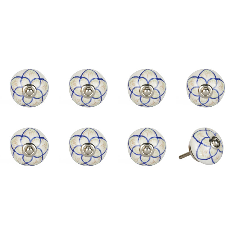 Set of Eight Blue And Cream Ceramic And Metal Drawer Pull Knobs