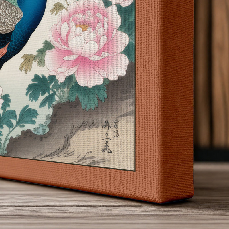 Peacock Among Roses Japandi - Wrapped Canvas, 18x12 - 45.7 x 30.5 cm, Terracotta Border