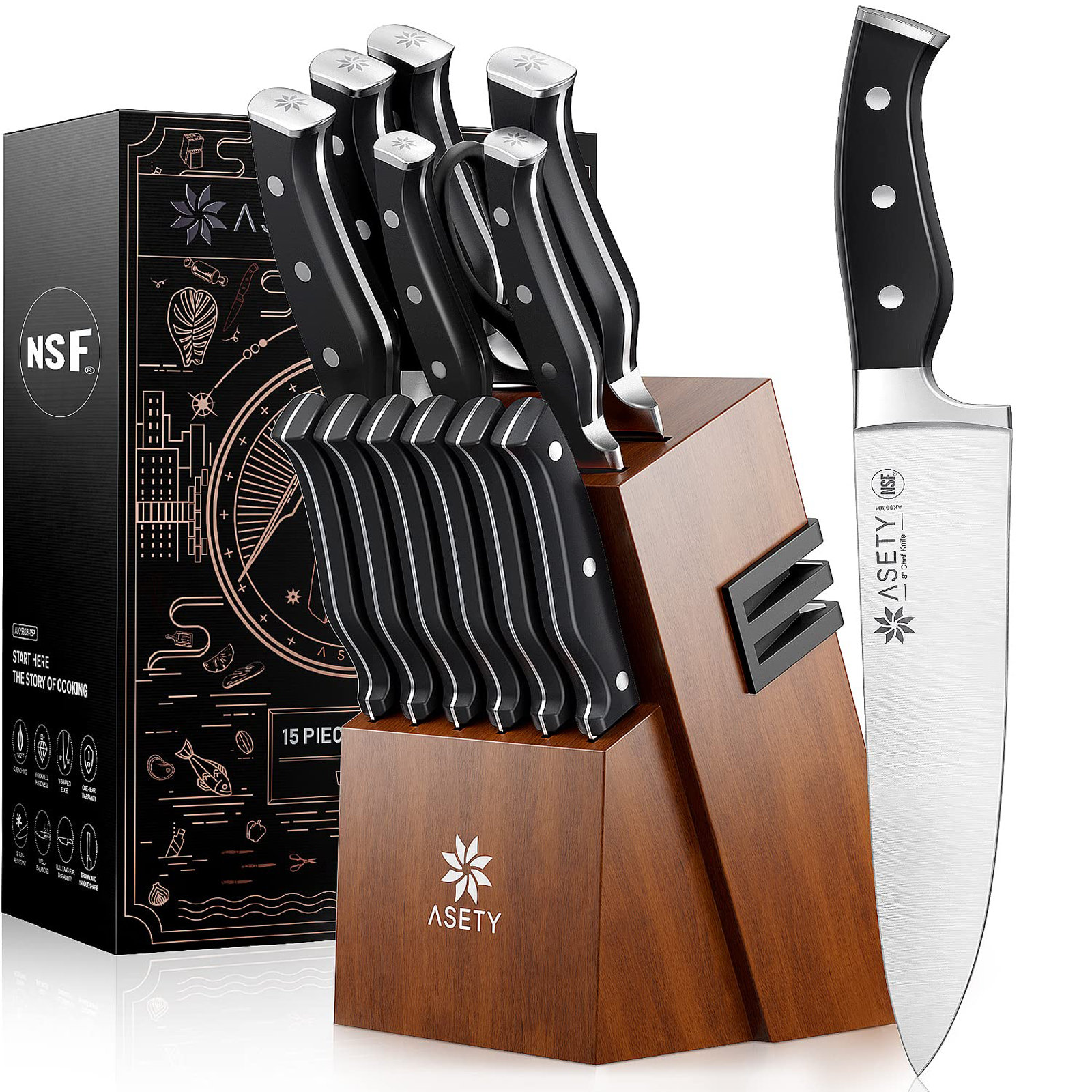 LUXESIT 15 Piece Stainless Steel Knife Block Set