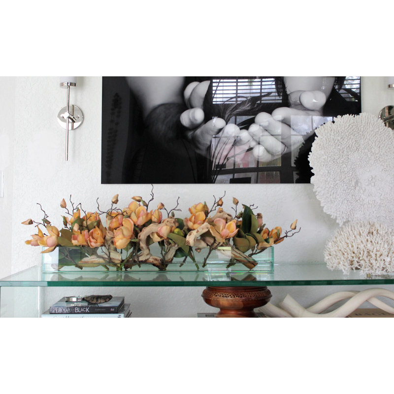 Magnolia Faux Floral Arrangement in Planter, Peach, 10" H x 24" W x 7" D